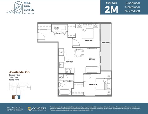 Floor plan for 2 beds, 1 bath, 745 sqft